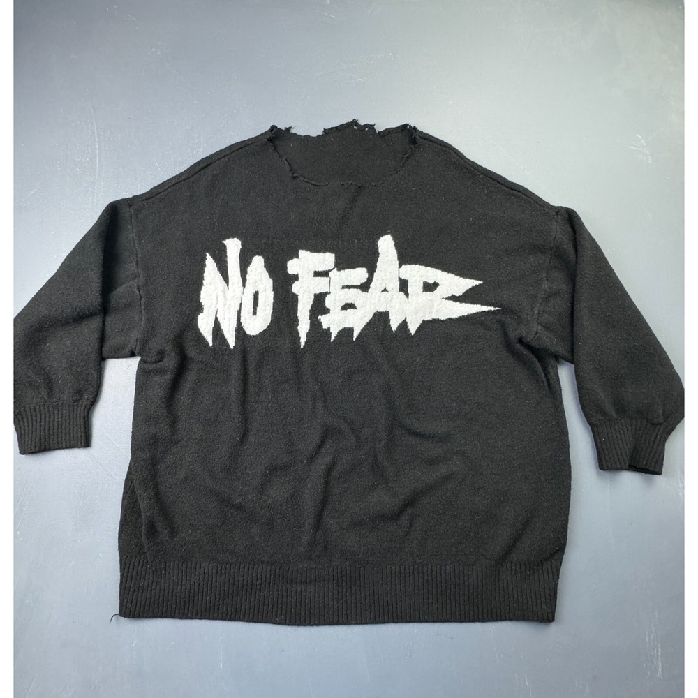No Fear Sweater Mens Size XL Black Distressed Knit Raw Hem Y2K 90s Grunge Fringe